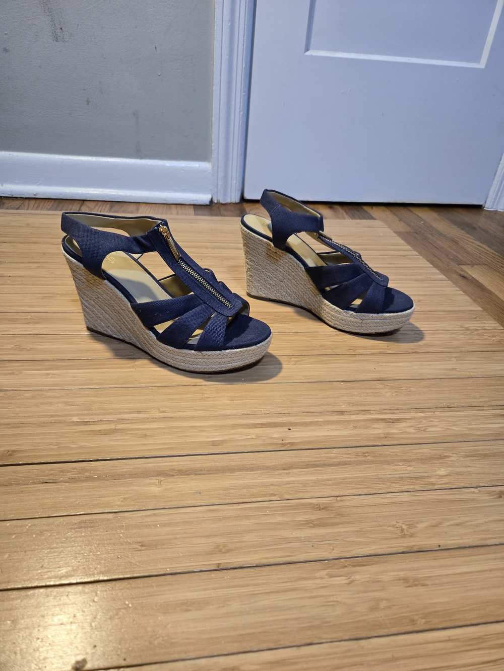 Michael Kors Navy Espadrille Wedge Sandals with Front Zip Detail